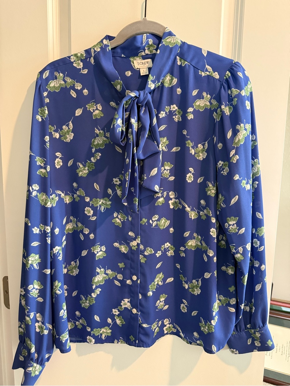 J. Crew Royal Blue Floral Tie-Neck Blouse